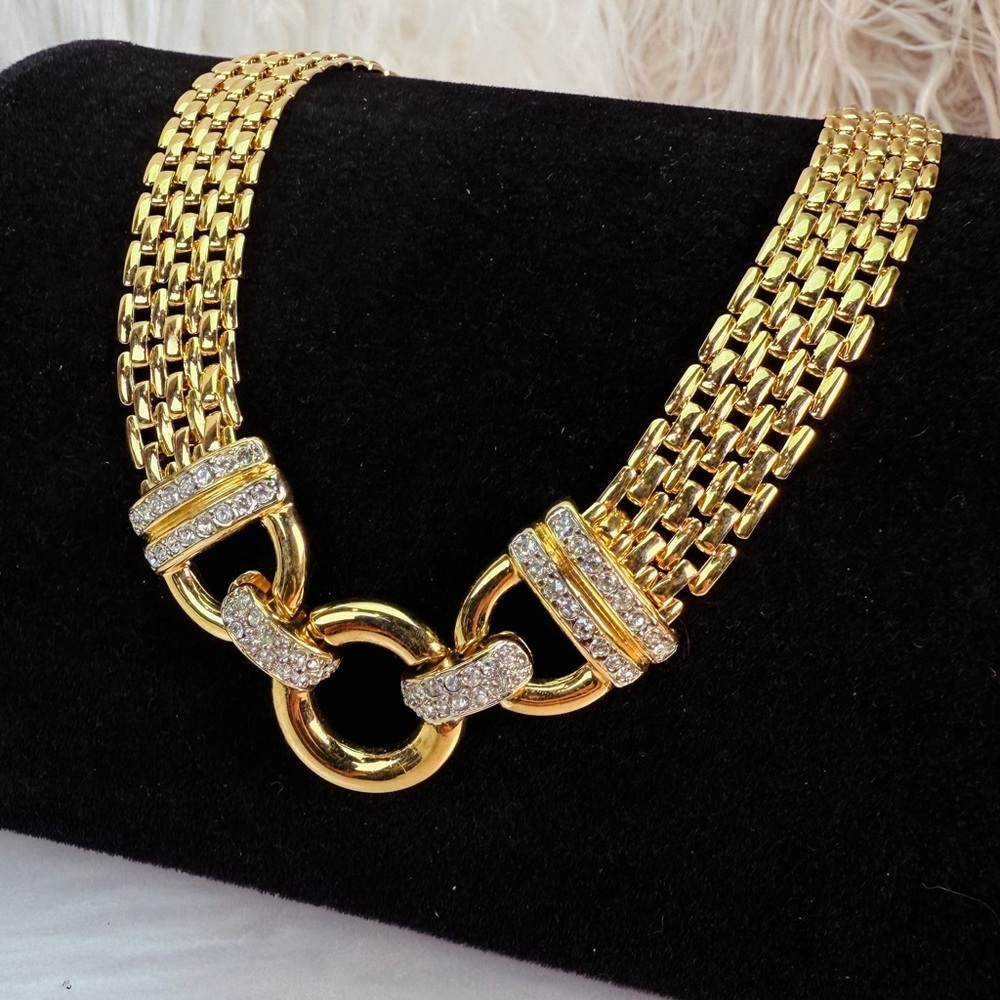 Vintage Gold Tone Multi Strand Chain Statement Necklace Sparkling Accents